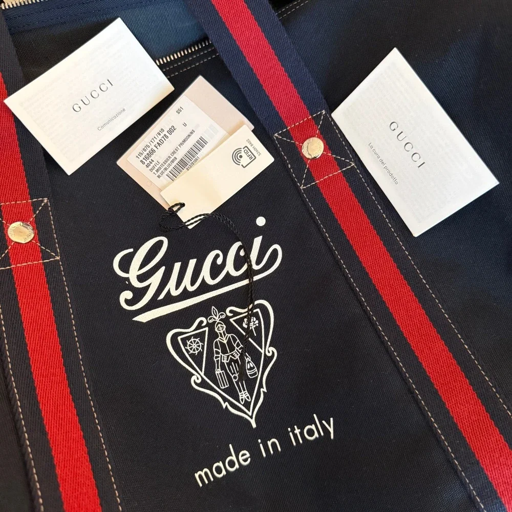 Gucci 816866 Duffle Bag Navy Canvas Red Blue Web Stripe Travel Weekend Bag